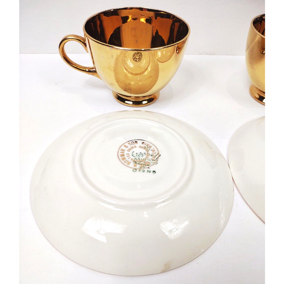 Antique Geo. H. Bowman & Son Gold Tea Cups Set Of 2 1920-40's Eggshell USA - Picture 9 of 10
